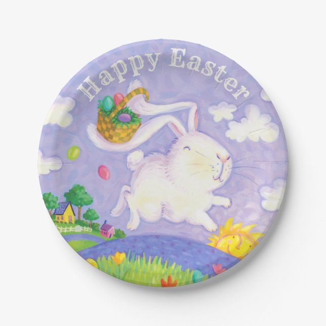 Happy Easter Watercolor Bunny Rabbit Eggs Basket Paper Plates (Front)