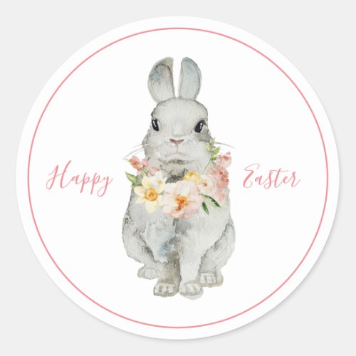 Happy Easter Watercolor Bunny Rabbit Floral Modern Classic Round Sticker