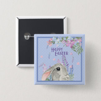 Happy Easter Watercolor Bunny Rabbit & Flowers Button
