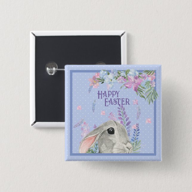 Happy Easter Watercolor Bunny Rabbit & Flowers  Button (Front & Back)