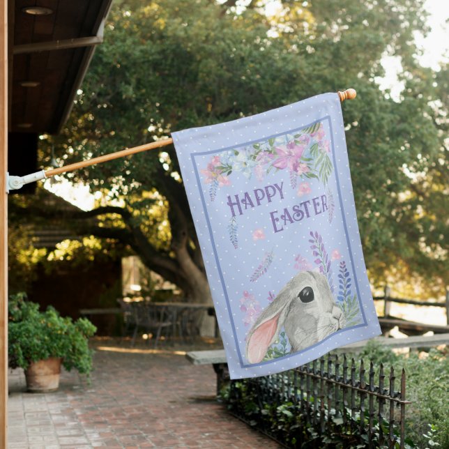 Happy Easter Watercolor Bunny Rabbit & Flowers House Flag (In SItu)