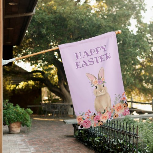 Happy Easter Watercolor Bunny Rabbit in Flowers House Flag