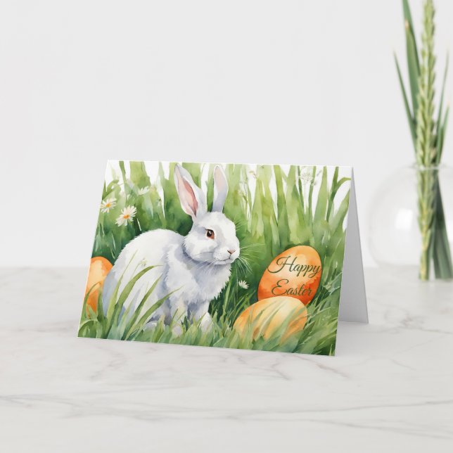 Happy Easter Watercolor Bunny with Easter Eggs  Holiday Card (Front)