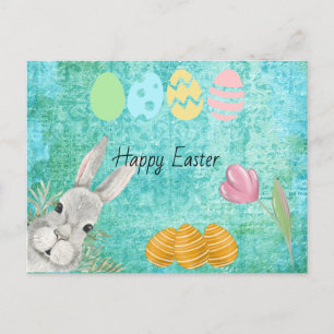Happy Easter Watercolor Bunny with Eggs Holiday Postcard