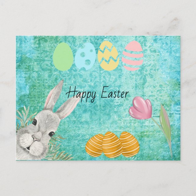 Happy Easter  Watercolor Bunny with Eggs Holiday Postcard (Front)