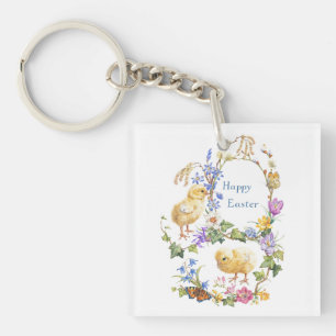 Happy Easter Watercolor Chicks Floral Wreath Keychain