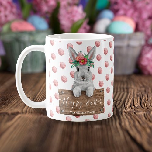 happy easter watercolor cute bunny and red eggs  coffee mug