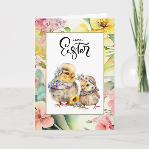 Happy Easter Watercolor Cute Chicks Holiday Card
