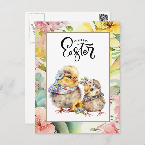 Happy Easter Watercolor Cute Chicks Holiday Postcard