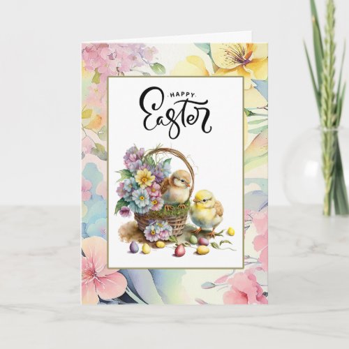 Happy Easter Watercolor Cute Chicks with Eggs Holiday Card