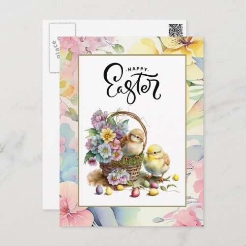 Happy Easter Watercolor Cute Chicks with Eggs Holiday Postcard