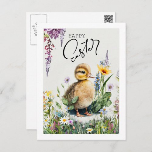 Happy Easter Watercolor Cute Duckling Holiday Postcard