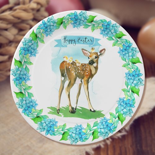 Happy Easter Watercolor Deer Paper Plates