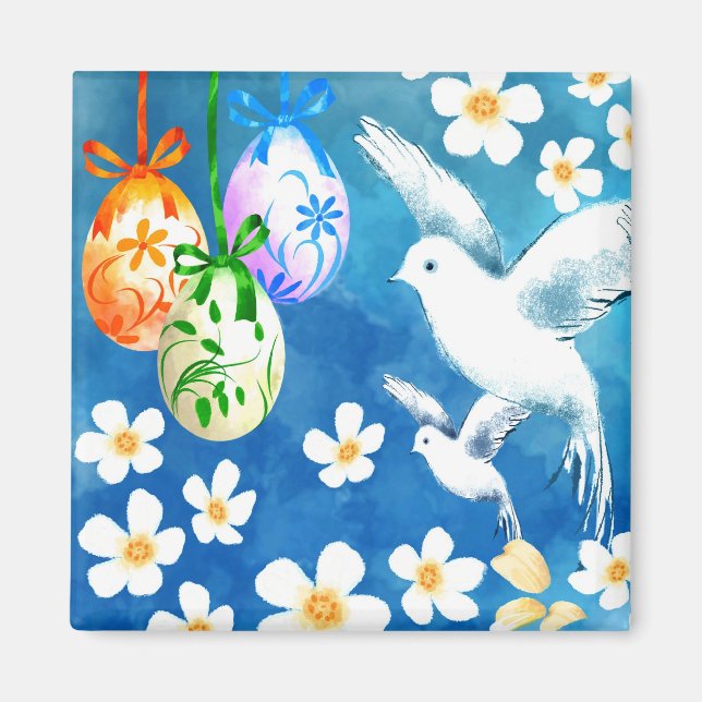 Happy Easter. Watercolor Easter Eggs and Doves Magnet (Front)