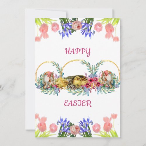 Happy Easter Watercolor Egg Chick Lilac Rose Tulip Holiday Card
