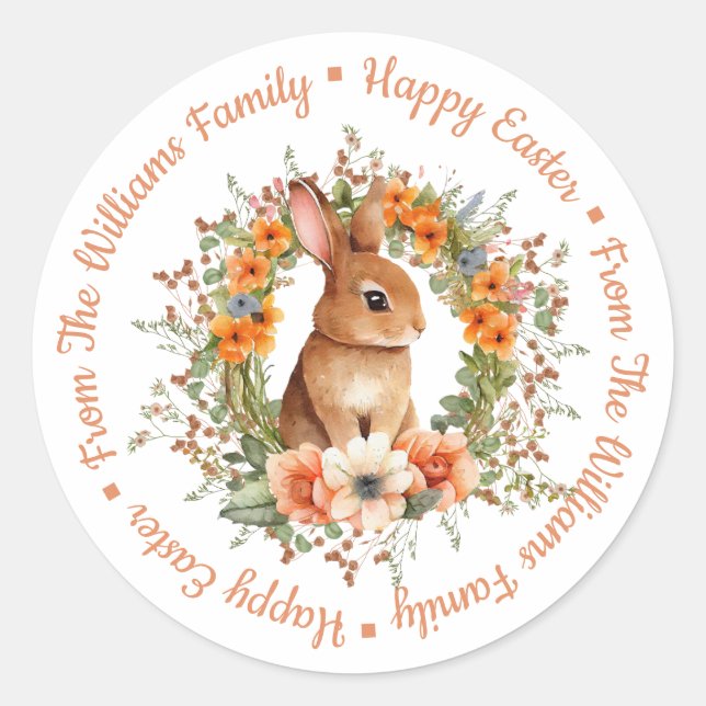 happy easter watercolor floral bunny orange script classic round sticker (Front)