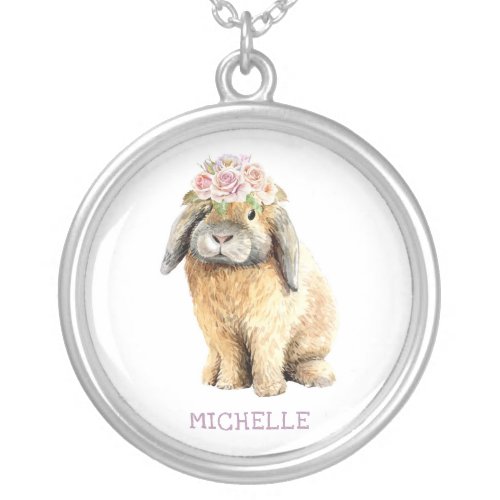 Happy Easter Watercolor Floral Bunny Rabbit Silver Plated Necklace