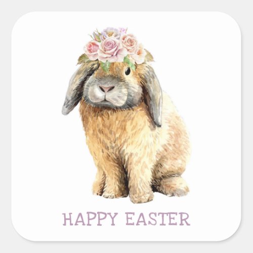 Happy Easter Watercolor Floral Bunny Rabbit Square Sticker