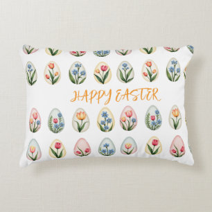 Happy Easter Watercolor Floral Eggs Accent Pillow