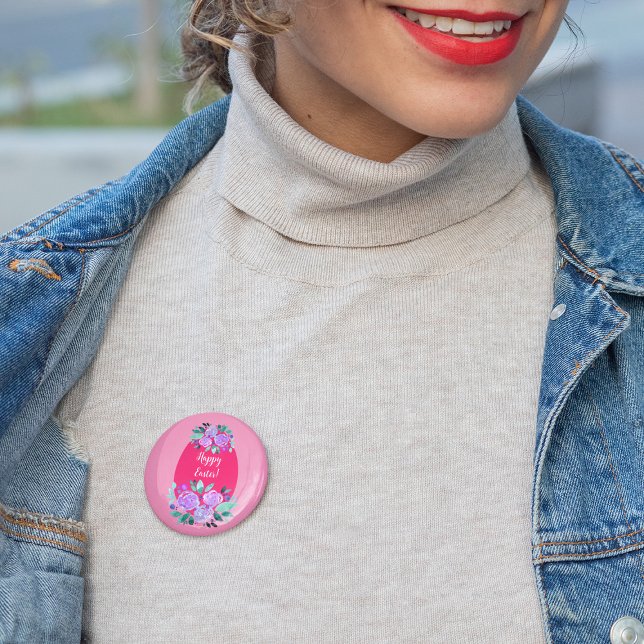 Happy Easter watercolor floral pink egg Button (Creator Uploaded)