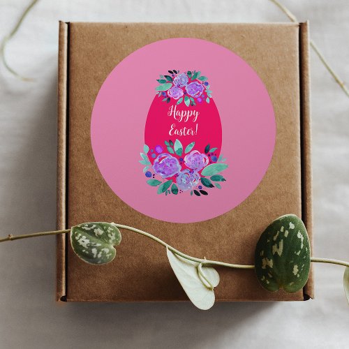 Happy Easter watercolor floral pink egg Classic Round Sticker