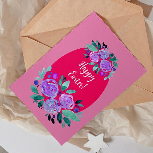 Happy Easter watercolor floral pink egg Holiday Card