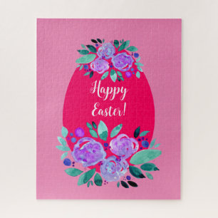Happy Easter watercolor floral pink egg Jigsaw Puzzle