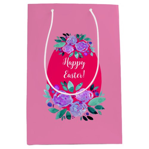 Happy Easter watercolor floral pink egg Medium Gift Bag