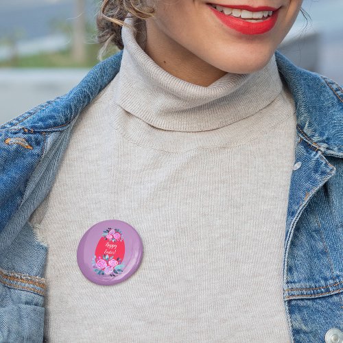 Happy Easter watercolor floral red egg Button