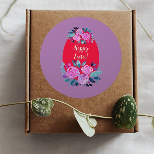 Happy Easter watercolor floral red egg Classic Round Sticker