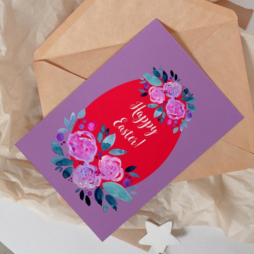 Happy Easter watercolor floral red egg  Holiday Card
