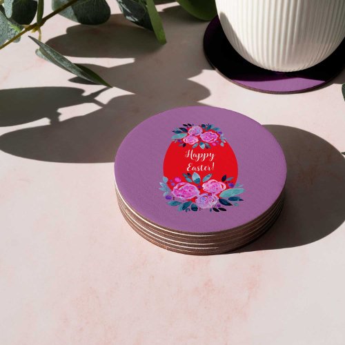 Happy Easter watercolor floral red egg Round Paper Coaster