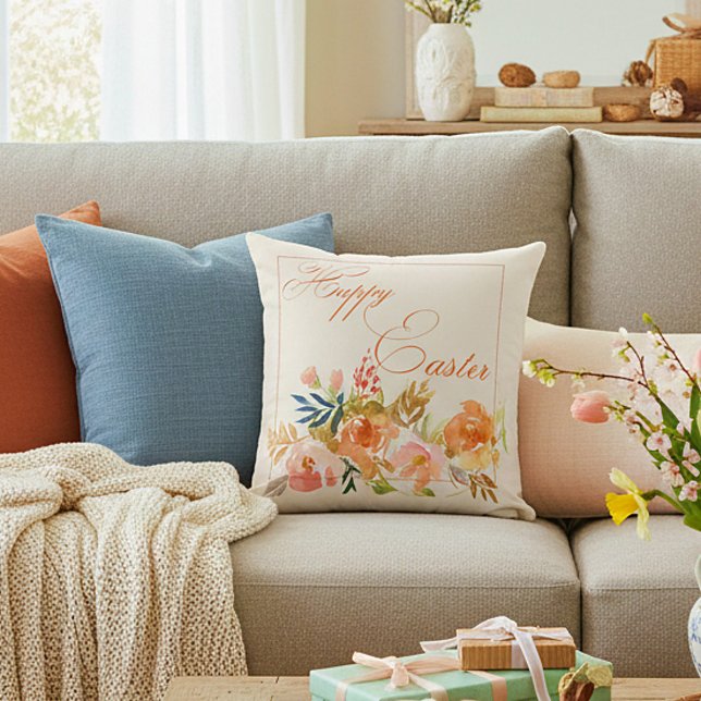 Happy Easter watercolor floral Throw Pillow (Creator Uploaded)