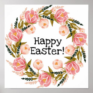 Happy easter watercolor floral wreath poster