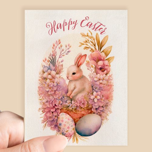 Happy Easter watercolor flower bunny eggs greeting Postcard