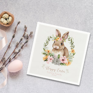Happy Easter Watercolor Flowers Bunny Paper Napkin