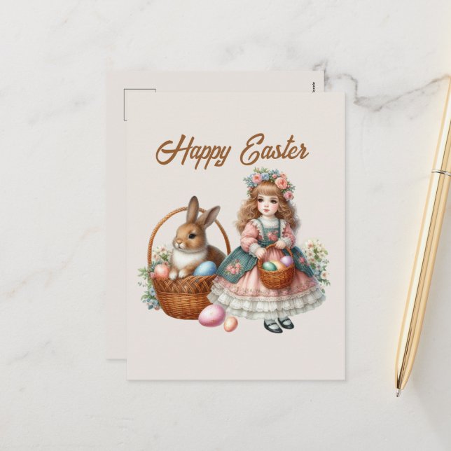 Happy Easter watercolor girl add message Holiday  (Front/Back In Situ)