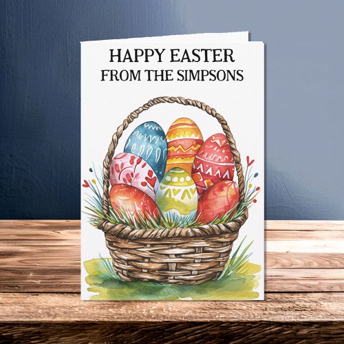 Happy Easter Watercolor Painted Egg Basket Family Card
