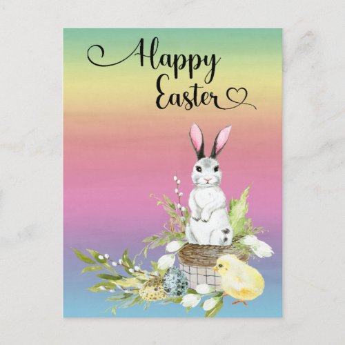 Happy Easter Watercolor Pastel Bunny Chick Postcard