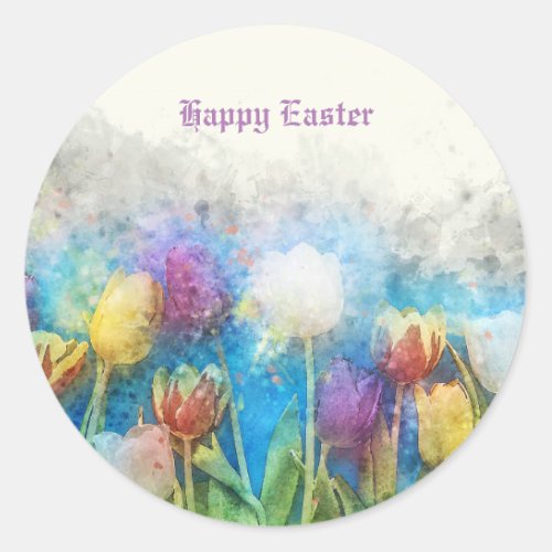 Happy Easter Watercolor Pastel Tulips Classic Round Sticker