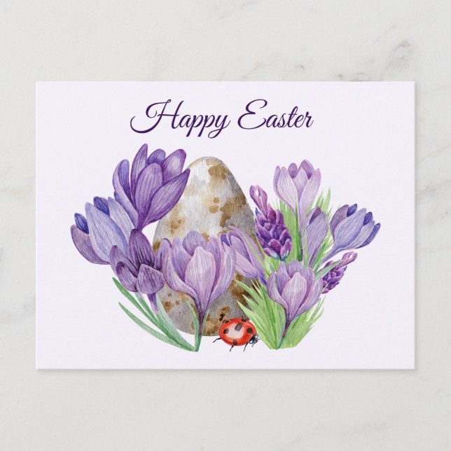 Happy Easter Watercolor Purple Crocus Flowers Postcard (Front)