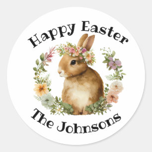 Happy Easter Watercolor Retro Easter Bunny Floral Classic Round Sticker