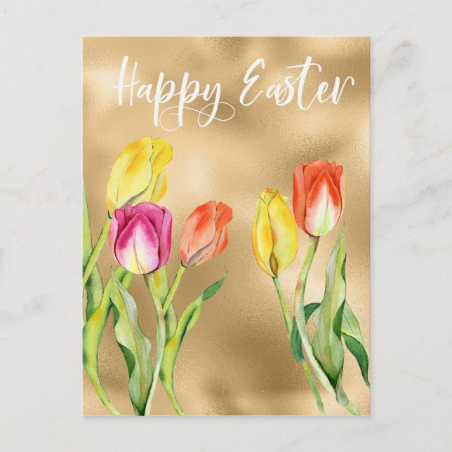 Happy Easter Watercolor Tulip Floral Postcard (Front)
