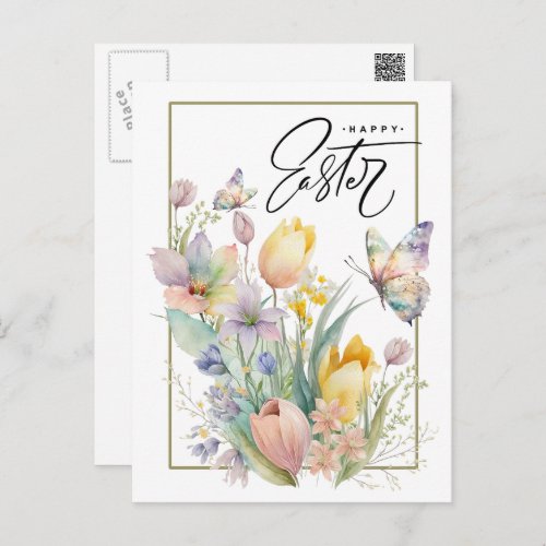 Happy Easter Watercolor Tulips and Butterfly Holiday Postcard