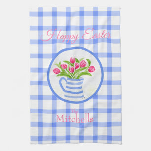 Happy Easter Watercolor Tulips Blue Check Kitchen Towel
