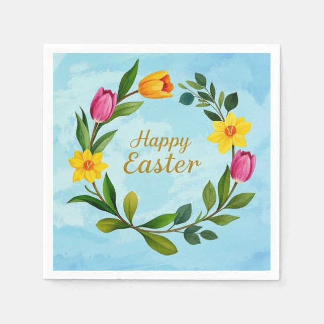 Happy Easter Watercolor wreath of tulips Napkins (Front)