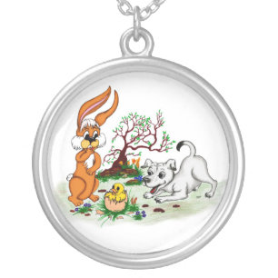 Happy Easter! Welpe, Küken, Hase Silver Plated Necklace