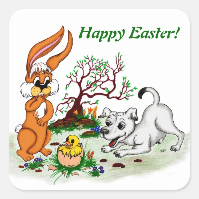 Happy Easter! Welpe, Küken, Hase Square Sticker (Front)
