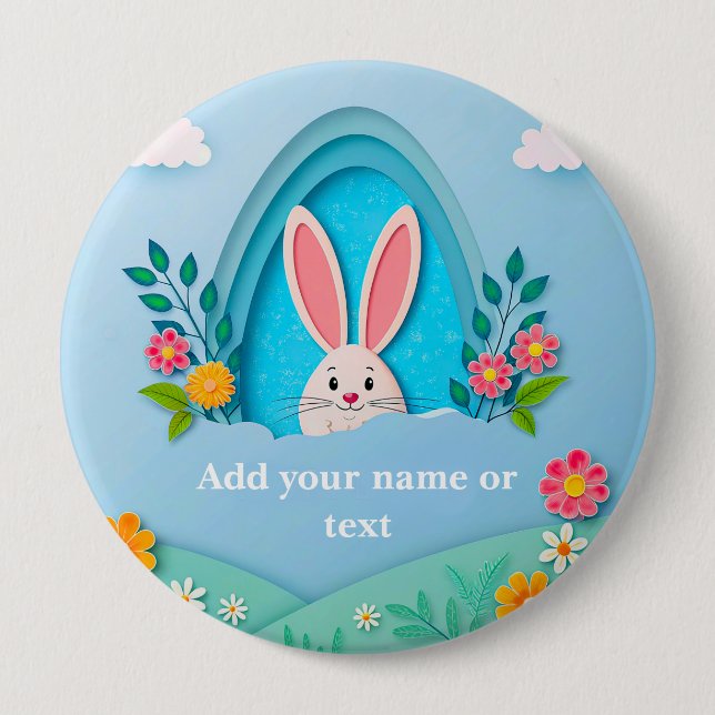 Happy Easter | Whimsical Easter Bunny and Floral B Button (Front)