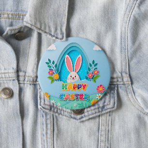 Happy Easter Whimsical Easter Bunny and Floral Button